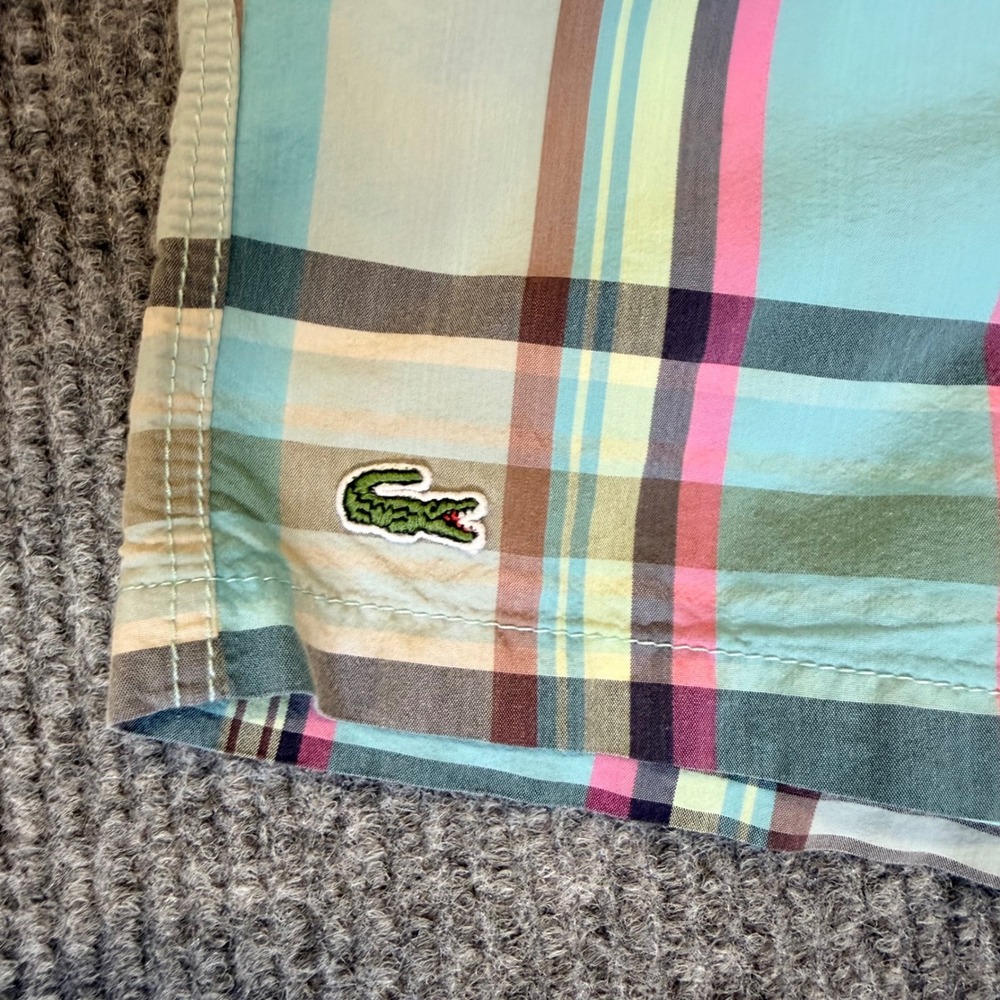 Lacoste Mens Plaid Swim Trunks Blue Pink Yellow Drawstring Board Shorts Size L - Picture 3 of 7